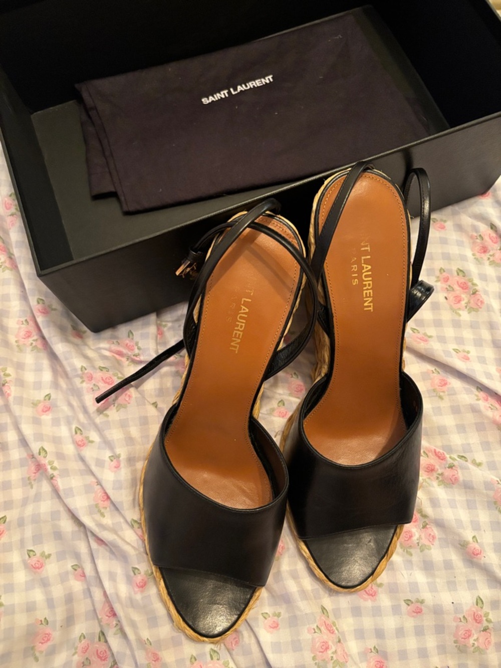 Saint Laurent Black Leather Wedge Espadrille Slingbacks